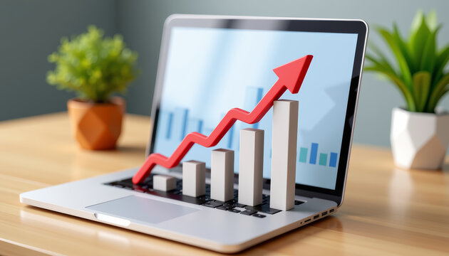 Laptop with rising red arrow and bar graph showing business growth on wooden desk with plants