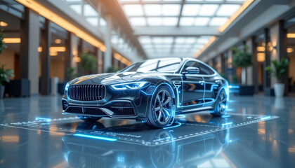 Luxury car technology concept with futuristic hologram interface and glowing blue digital elements in modern showroom
