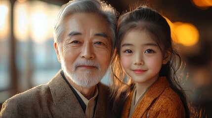 A heartwarming moment between a grandfather and granddaughter, capturing their joyful expressions against a softly blurred background.