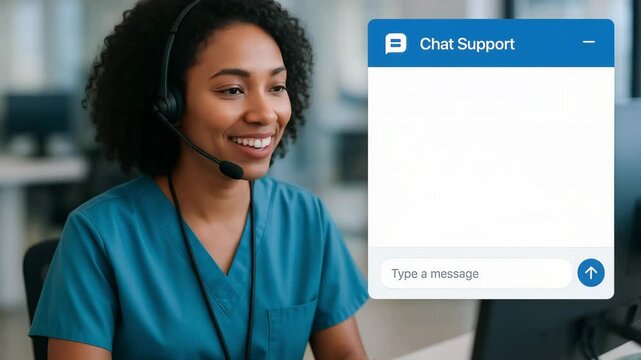 Healthcare call center tech agent headset chat support answering prescription questions efficiently on computer screen smiling confidently