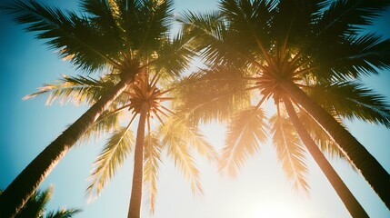 Looking up at blue sky and palm trees, view from below, vintage style, tropical beach and summer background, travel concept , tree, summer, green, plant, leaf,
