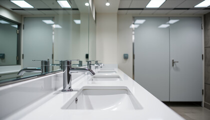 Modern public bathroom interior with clean white sinks and shiny chrome faucets reflecting in mirror
