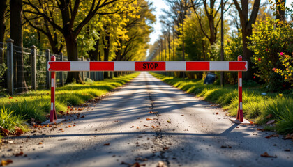 Road closed barrier with stop sign blocking tree lined street on sunny day with shadows and fallen leaves