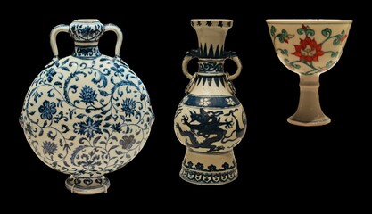 Three exquisite pieces of Asian porcelain artistry: a globular jar, a dragon-adorned vase, and a...