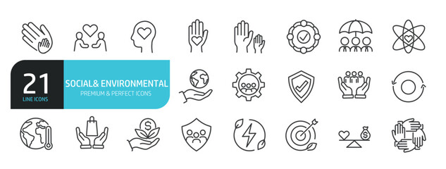 Set of line icons related to social policy, environment, social. Outline icons collection. Editable stroke. Vector illustration