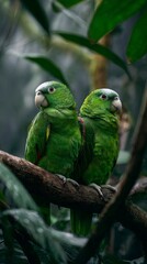 Vibrant Green Parrots Perched on a Branch