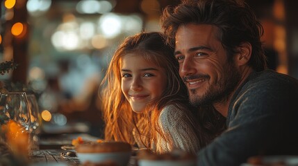 Joyful father-daughter moment in a cozy restaurant during sunset, capturing warmth and connection in a delightful setting.