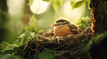 Newborn baby bird in the nest sleeping innocently during the day