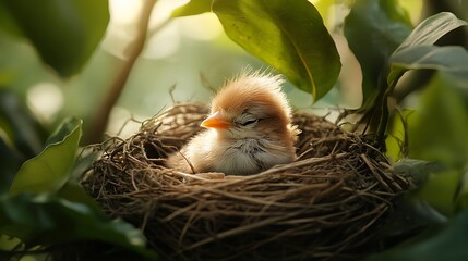 Newborn baby bird in the nest sleeping innocently during the day