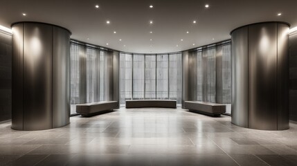 Clean minimalist corner lit by downlights and structured with curved metal frames.