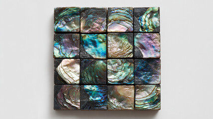 Square abalone shell. The color tone changes from green to purple with an iridescent effect. Each tile has unique colors and textures that resemble natural gemstones.