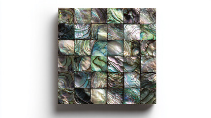 Square abalone shell. The color tone changes from green to purple with an iridescent effect. Each tile has unique colors and textures that resemble natural gemstones.