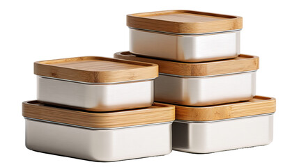 Eco-friendly lunch tins stacked vertically on transparent background