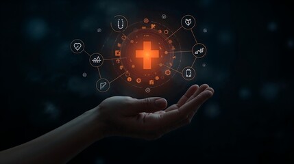 Digital Healthcare Network Orange Cross Symbol Human Hand Dark Background medical