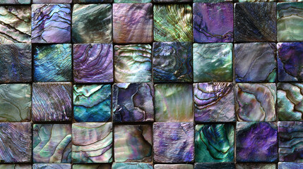 Square abalone shell. The color tone changes from green to purple with an iridescent effect. Each tile has unique colors and textures that resemble natural gemstones.