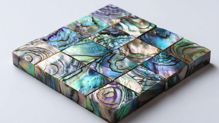 Square abalone shell. The color tone changes from green to purple with an iridescent effect. Each tile has unique colors and textures that resemble natural gemstones.