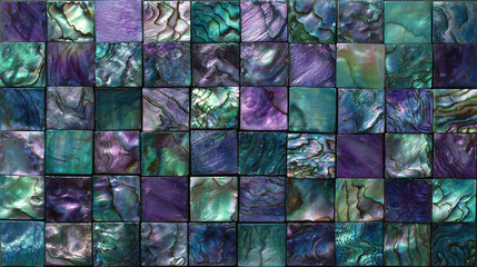 Square abalone shell. The color tone changes from green to purple with an iridescent effect. Each tile has unique colors and textures that resemble natural gemstones.