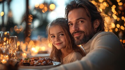 Joyful father and daughter sharing a festive dinner with holiday lights twinkling in the background, capturing the warmth of family connections.