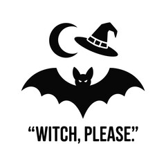 A black silhouette halloween design featuring a bat witch hat and moon with a text element