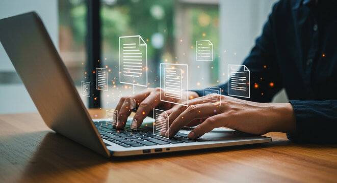 Person typing on a laptop with digital document icons floating above the keyboard and hands visible