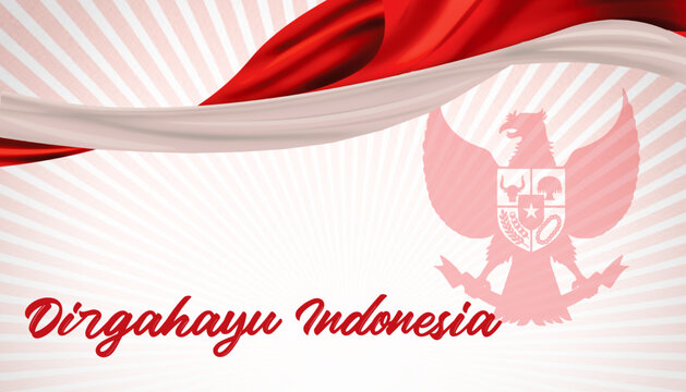 Dirgahayu Indonesia Independence Day 17th August 2025 banner template with realistic red white Indonesian flag and Pancasila silhouette. Indonesia national flag background, template, banner