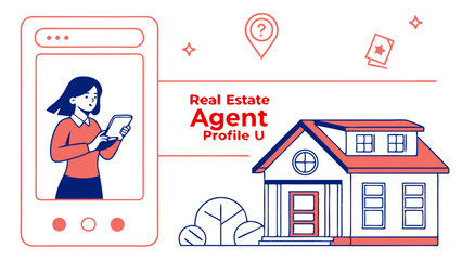Obraz premium Real estate agent profile featuring a woman in a phone and a house with bushes and star icons around it