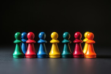 Colored pawns in strategic formation, black background, business segmentation