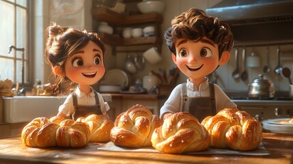 Two enthusiastic children proudly displaying freshly baked croissants in a cozy kitchen filled with warm sunlight and a cheerful atmosphere.
