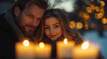 Romantic winter evening with candles creating a warm glow and a couple embracing in a snowy landscape adorned with festive lights