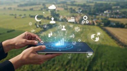 Person using tablet displaying digital agricultural data icons over green farmland background