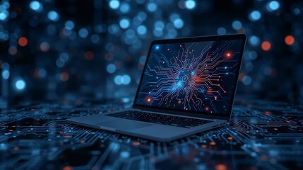 Sleek Silver Laptop Displaying Abstract Circuit Board Digital Art Blue Red Hues Dark Background