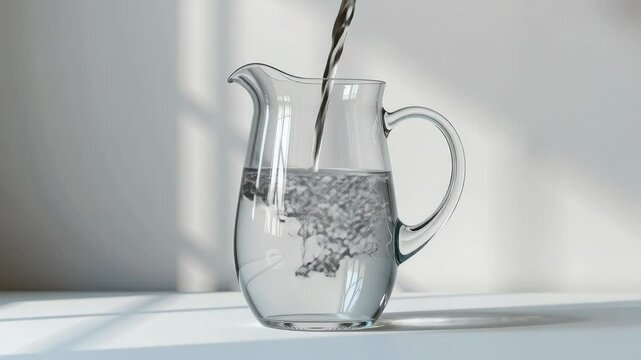 A clear glass pitcher filled with water sits on a white surface in natural light.