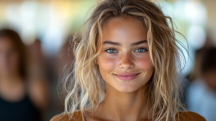 A joyful young woman with freckled skin and bright blue eyes smiles warmly in a soft-focus group setting, conveying a sense of connection and happiness.