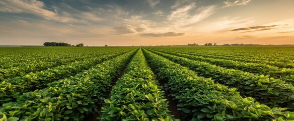 The vibrant soybean field under a colorful sunset sky.