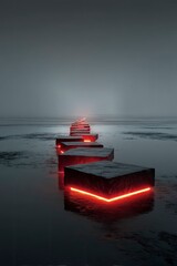 Glowing Red Neon Path on Wet Concrete Tiles in Fog