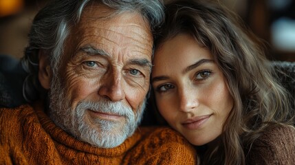 A heartwarming portrait of a grandfather and granddaughter enjoying a cozy moment together in a warm, inviting setting with soft lighting