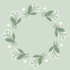 Lily of the Valley Bouquet Frame. Elegant Pastel color circular border with small hearts. Wedding invitation and greeting card Floral wreath. Vector illustration