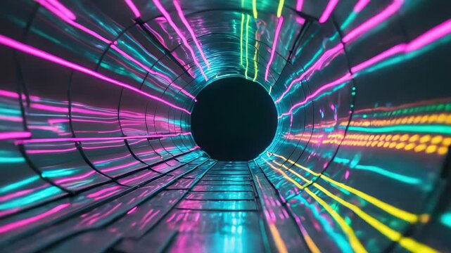 Camera starting moving through sci-fi tunnel walls, revealing opening with pulsing neon strips