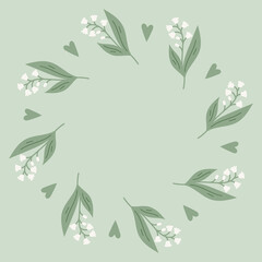 Fototapeta premium Minimal Lily of the Valley Wreath. Vintage style round frame with flowers and soft green leaves. Wedding invitations and greeting cards template with empty space. Vector illustration