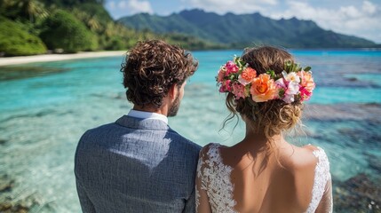 Beautiful couple embracing a romantic moment on a tropical beach, celebrating their love with scenic ocean backdrop