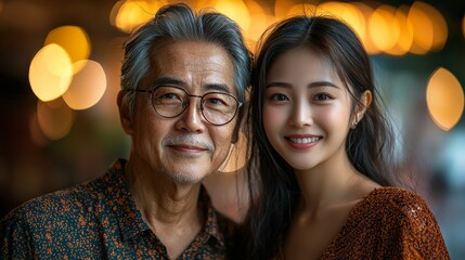 Heartwarming portrait of a senior man and a young woman sharing a joyful moment amidst a softly illuminated background