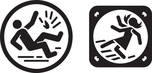 Human falling or stumbling, black vector icon for warning signs