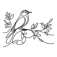 Single line drawing bird on branch with leaves