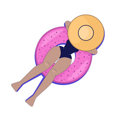 Black woman relaxing on donut float top view 2D cartoon character. Swimwear girl floating on inflatable doughnut ring flat vector faceless person isolated on white. Spot illustration colorful