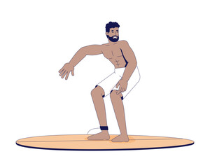African american man surfing on board 2D cartoon character. Water sport. Muscular bearded black male surfer standing on surfboard flat vector person isolated on white. Spot illustration colorful