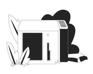 Overgrown vintage computer in nature 2D line object. Forgotten technology decay grass. Y2K tech. Leaves electronics nostalgia isolated clipart vector ink outline item. Monochrome spot illustration