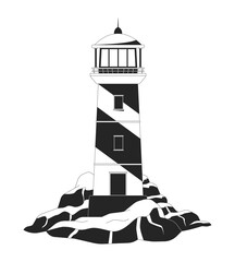Lighthouse on rocky coast 2D line object. Seaside beacon cliff rocks. Beach safety. Marine signal. Shore light. Nautical landmark isolated clipart vector ink outline item. Monochrome spot illustration