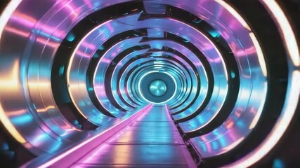 Advancing camera capturing metallic tunnel walkway progression, revealing colorful LED ring hub - Powered by Adobe