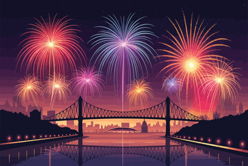 a vibrant night scene with a spectacular fireworks display illuminating the sky above a bridge spanning a body of water. The reflection of the fireworks and bridge lights on the water