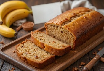 Banana bread with a golden crust, sliced on a wooden tray, surrounded by bananas, cinnamon, and a handwritten recipe card.